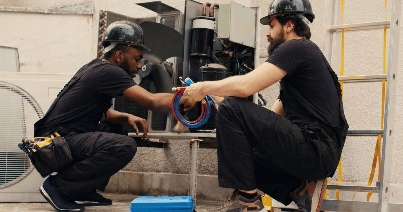 Un technicien CVC expérimenté réparant un climatiseur en extérieur avec un collègue, outils en main, pour l'École Gustave.