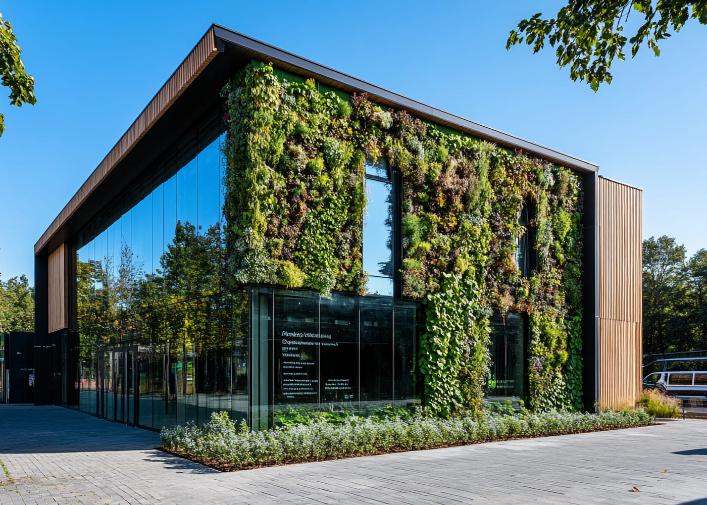 Bâtiment éco-construction avec mur végétal et façades vitrées sous le soleil