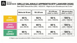 Apprenti en discussion avec l’équipe pédagogique dans les locaux de l’École Gustave, illustrant la grille de rémunération des alternants en 2026 dans le BTP.