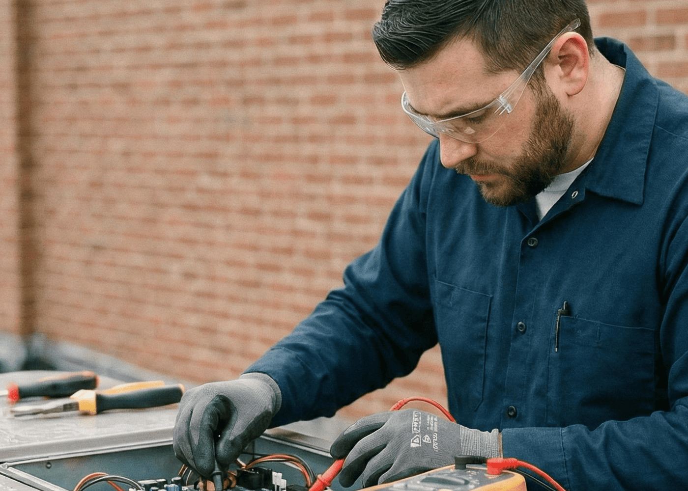Apprenti technicien en maintenance climatique réalisant un diagnostic sur une installation, en atelier de formation.