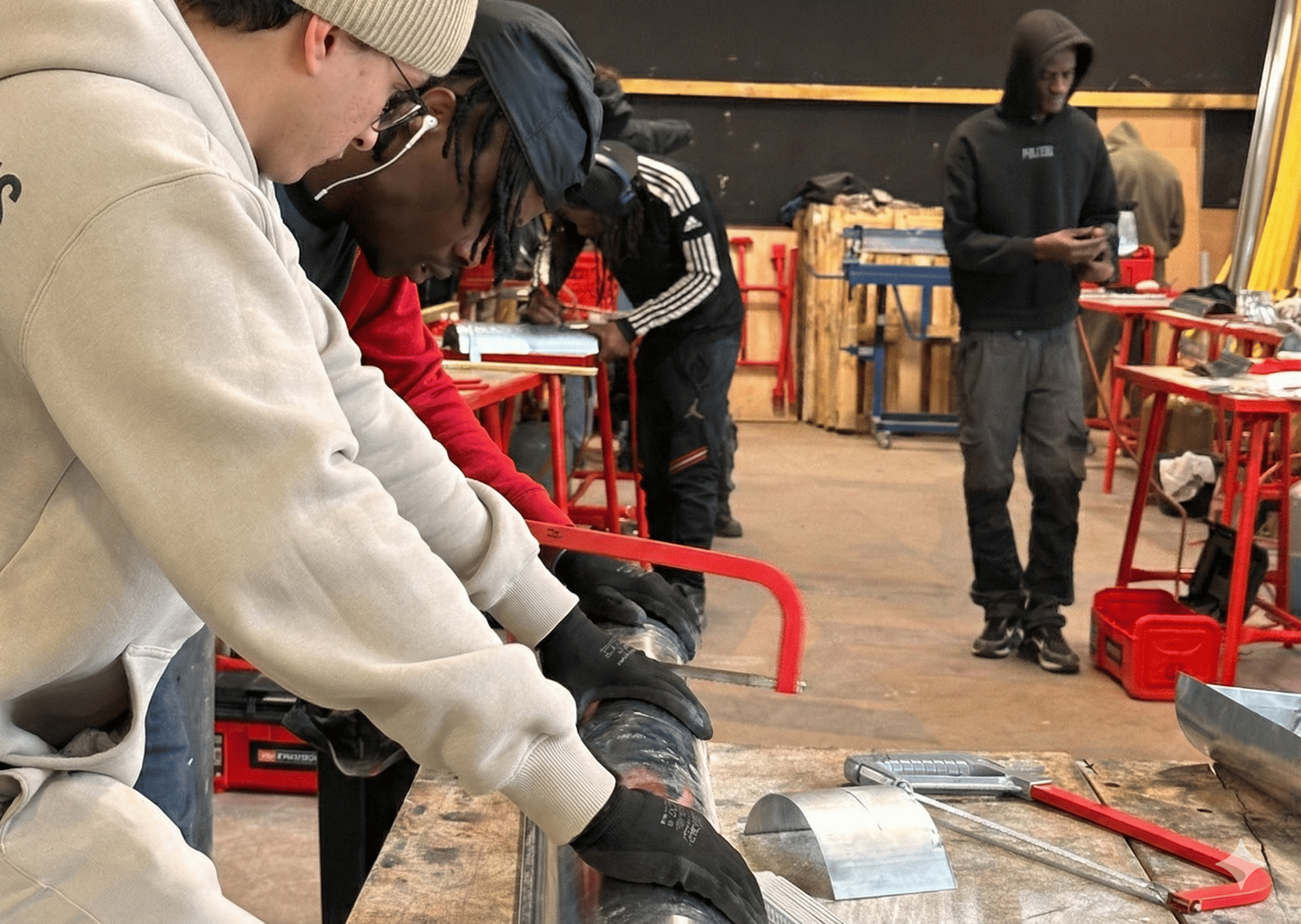 Apprentis couvreurs zingueurs en formation découpant du zinc à la scie à métaux.