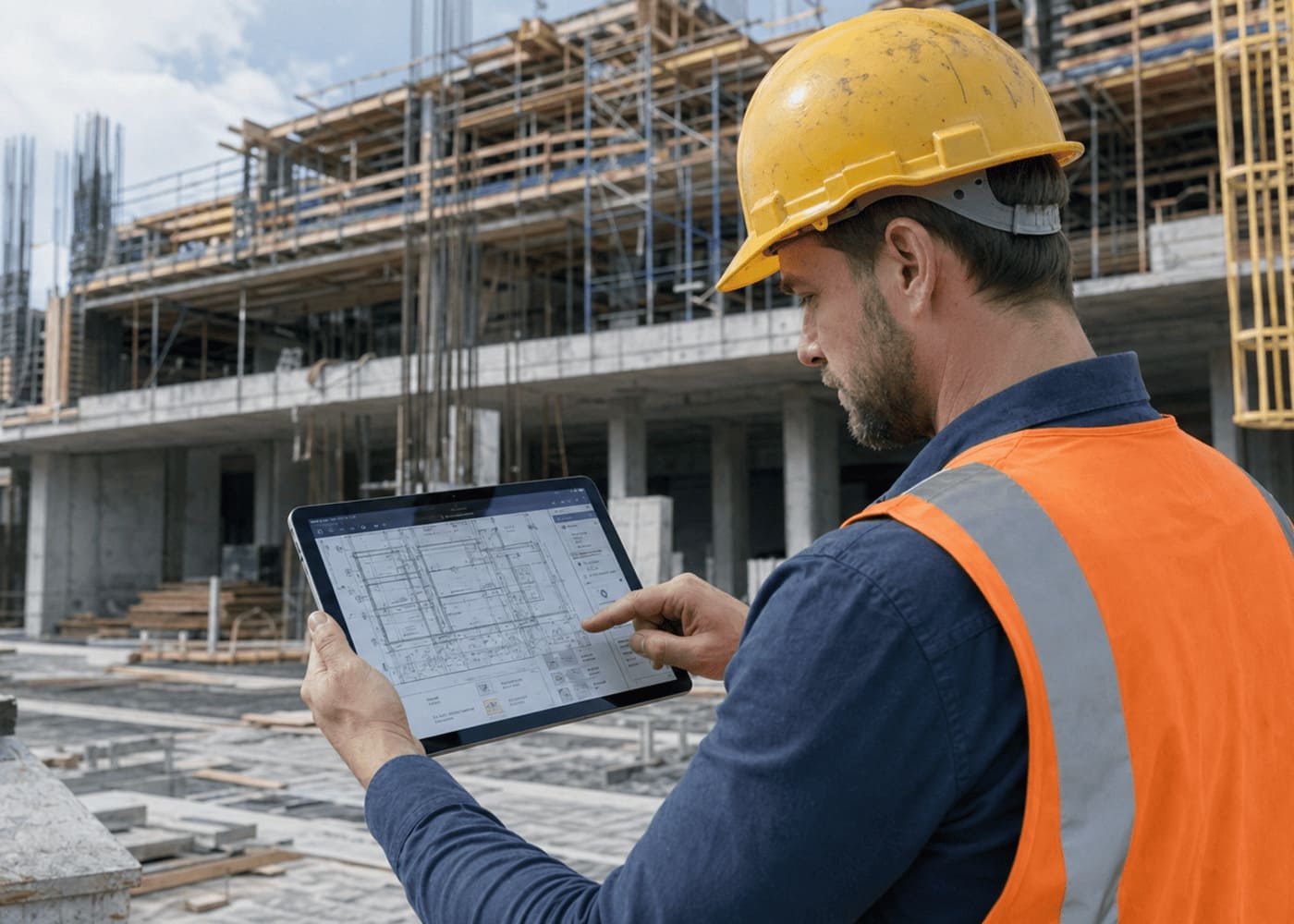 Professionnel BTP avec casque de sécurité consultant plans numériques sur tablette devant chantier en construction