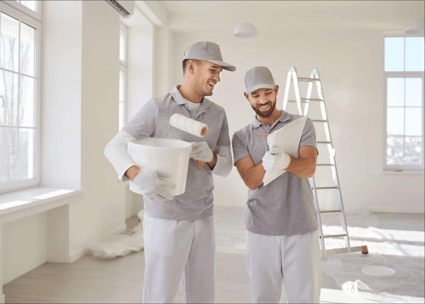 Deux artisans du bâtiment souriants dans une pièce claire en rénovation. L'un tient un seau et un rouleau de peinture, l'autre prend des notes sur un porte-bloc.
