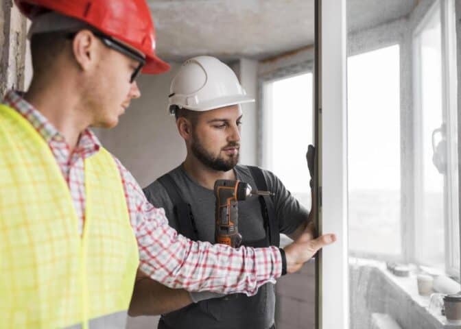 Deux menuisiers professionnels portant des casques de chantier (un rouge, un blanc) et un gilet de sécurité installent avec précision un cadre de fenêtre en PVC blanc dans un bâtiment en rénovation. Un menuisier utilise une visseuse sans fil.