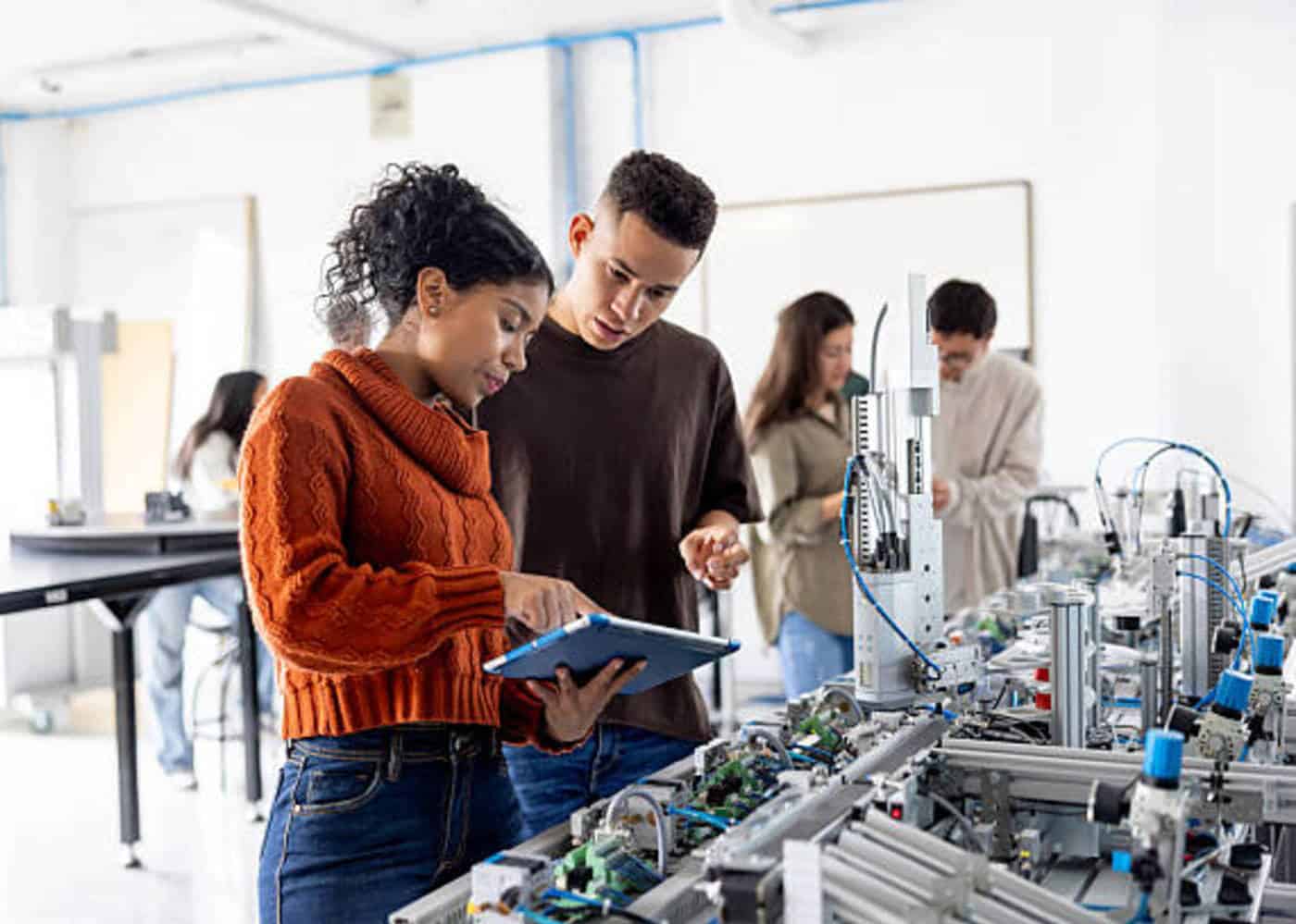 Deux apprenants observent une machine industrielle en atelier de formation technique, avec un carnet de notes à la main.