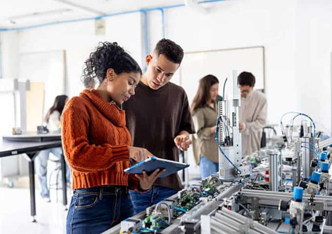 Deux apprenants observent une machine industrielle en atelier de formation technique, avec un carnet de notes à la main.