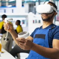 Apprenant en formation BTP réalité virtuelle avec casque et contrôleurs