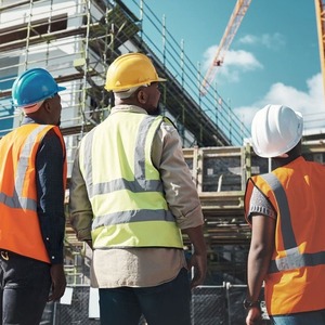 évolution carrière BTP : ouvriers en tenue de sécurité observant un chantier